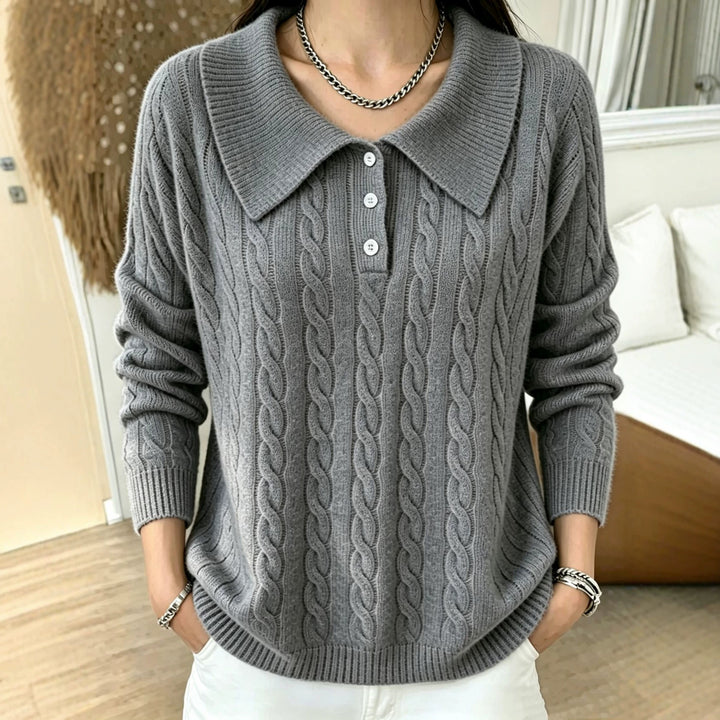 Damen Kabelstrick-Polo-Pullover mit großem Umlegekragen und lockerer Silhouette Drune