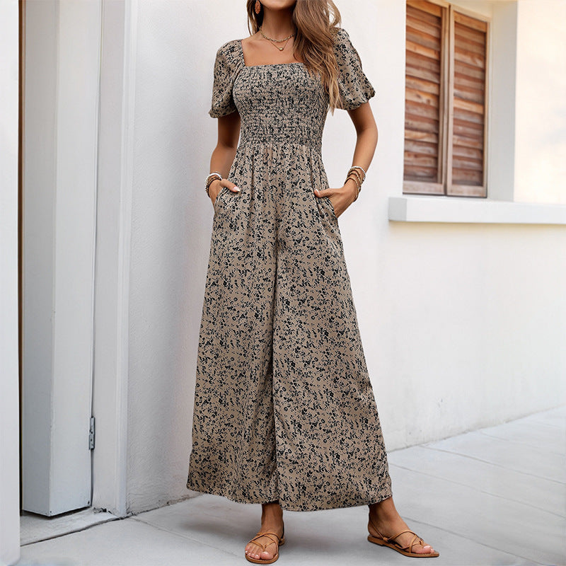 Damen Floraler Smocked-Jumpsuit mit Karree-Ausschnitt, Puffärmeln und weitem Beinschnitt Drune