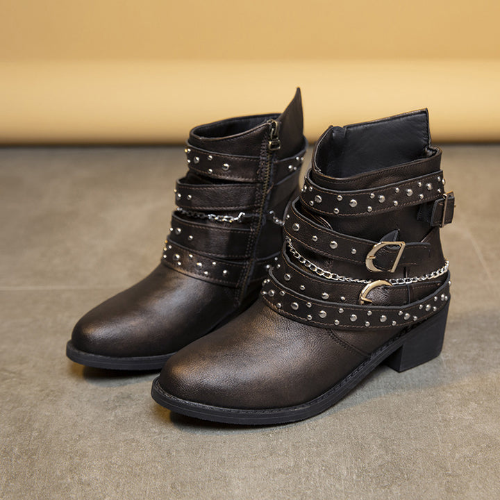Damen Stiefeletten mit modischen Schnallen und dekorativen Nieten Drune