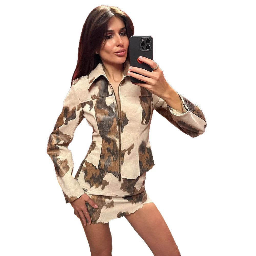 Damen Kunstlederjacke im modernen Cow-Print Drune