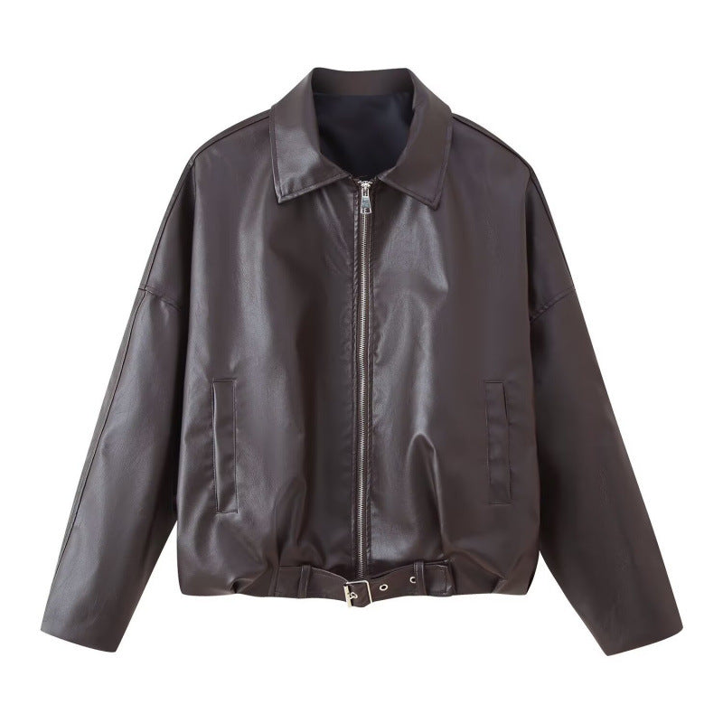 Unisex Oversize Kunstlederjacke mit Reißverschluss Hemdkragen und Taillengürtel Drune