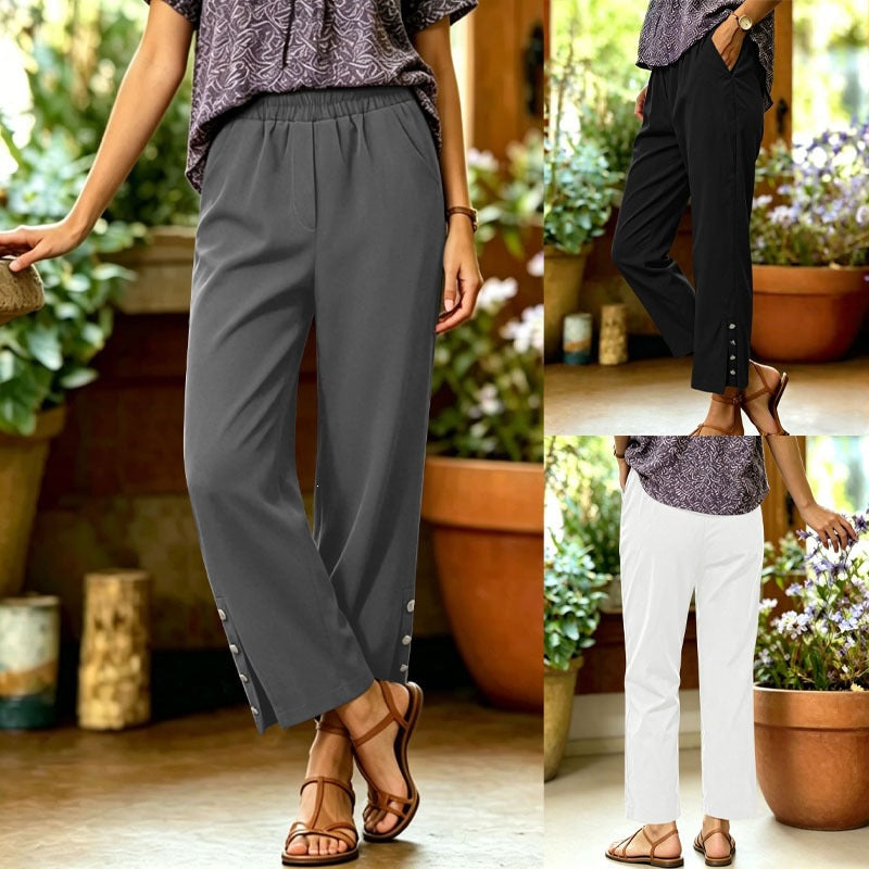 Damen Leichte Relaxed-Hose mit Gummibund, Seitentaschen und Knopfdetail Drune