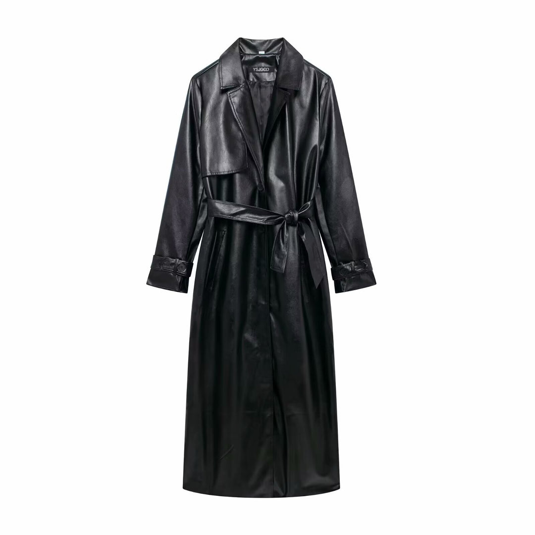 Damen Kunstleder-Trenchcoat mit elegantem Schnitt und taillierbarem Gürtel Drune