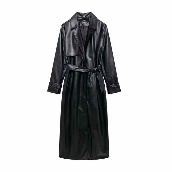 Damen Kunstleder-Trenchcoat mit elegantem Schnitt und taillierbarem Gürtel Drune