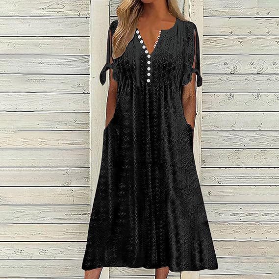 Damen Midikleid mit luftiger Stickdetails und praktischen Seitentaschen Drune