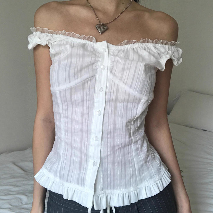 Damen Off-Shoulder Bluse mit Rüschensaum und Knopfdetails Drune
