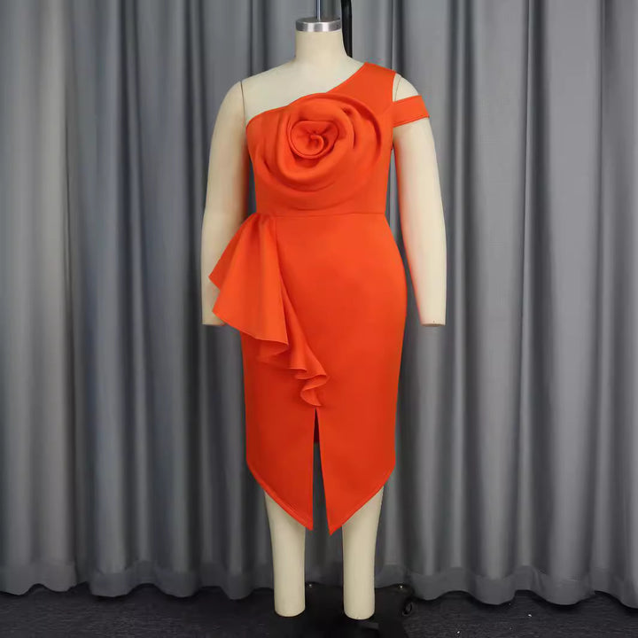 Damen Elegantes One-Shoulder Kleid mit Zierblüte und asymmetrischem Saum Drune