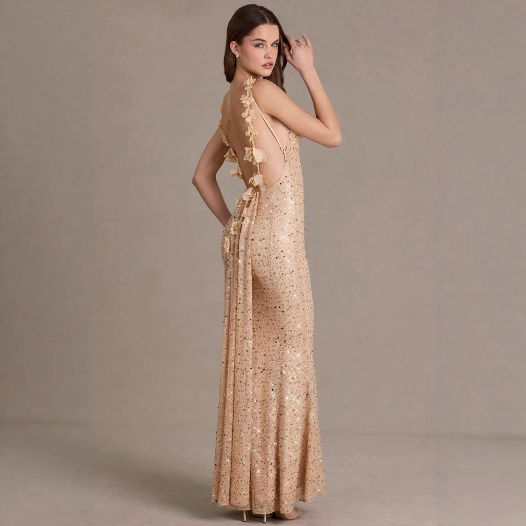 Damen elegantes Pailletten-Maxi-Kleid mit schickem Wasserfallausschnitt und figurbetonter Silhouette Drune