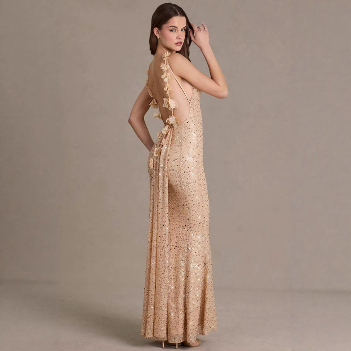 Damen elegantes Pailletten-Maxi-Kleid mit schickem Wasserfallausschnitt und figurbetonter Silhouette Drune