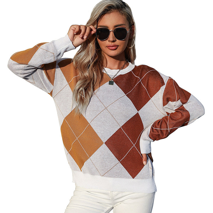 Damen Leichter Argyle-Feinstrickpullover mit Rundhalsausschnitt und lockerer Passform Drune