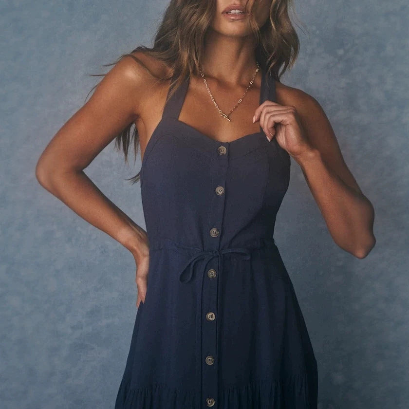 Damen Maxikleid mit nostalgischem Knopfverschluss und verstellbaren Trägern Drune