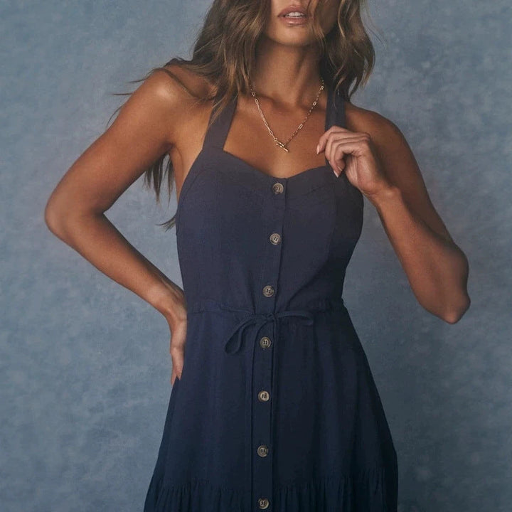 Damen Maxikleid mit nostalgischem Knopfverschluss und verstellbaren Trägern Drune