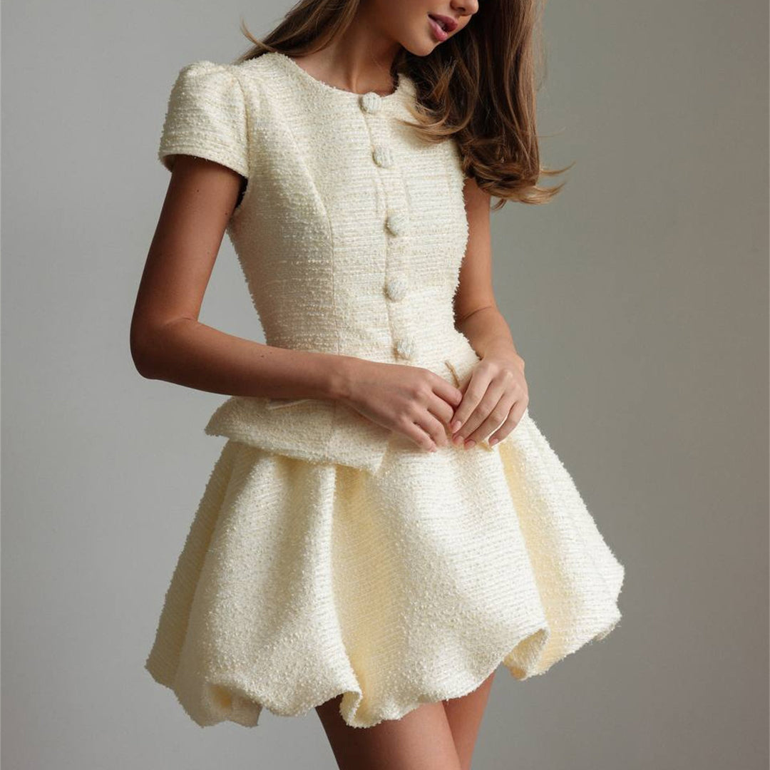 Damen Figurbetontes Tweed-Minikleid mit Schößchen und Knopfleiste Drune