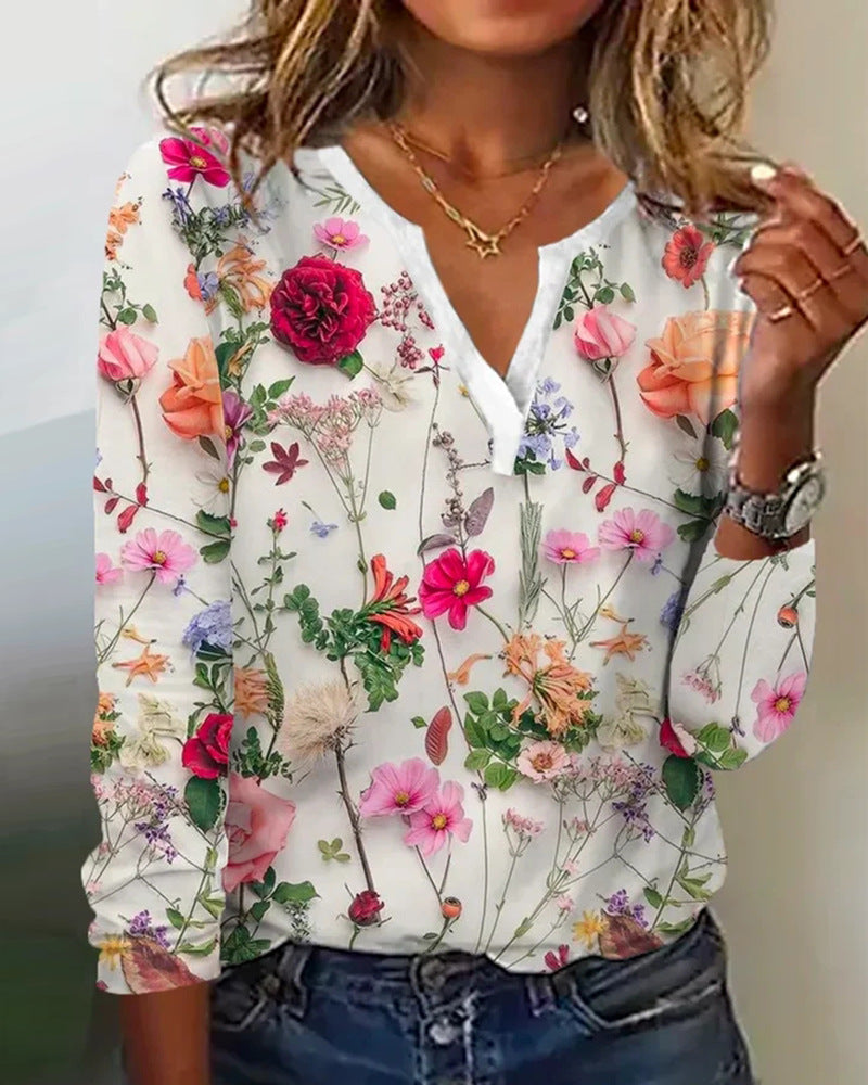 Damen Floral Lange Bluse im Chiffon-Look mit V-Schlitz und Lässiger Silhouette Drune