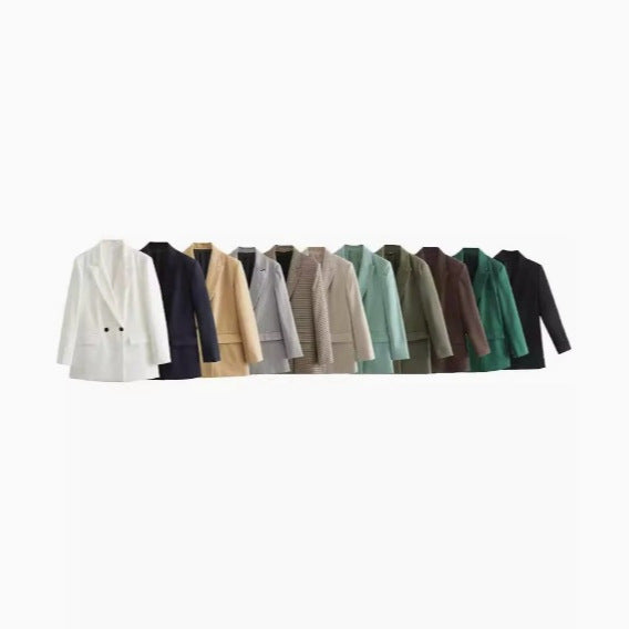 Damen 100+ geradliniger Longline Blazer mit Reverskragen, doppelreihiger Optik und Pattentaschen Drune