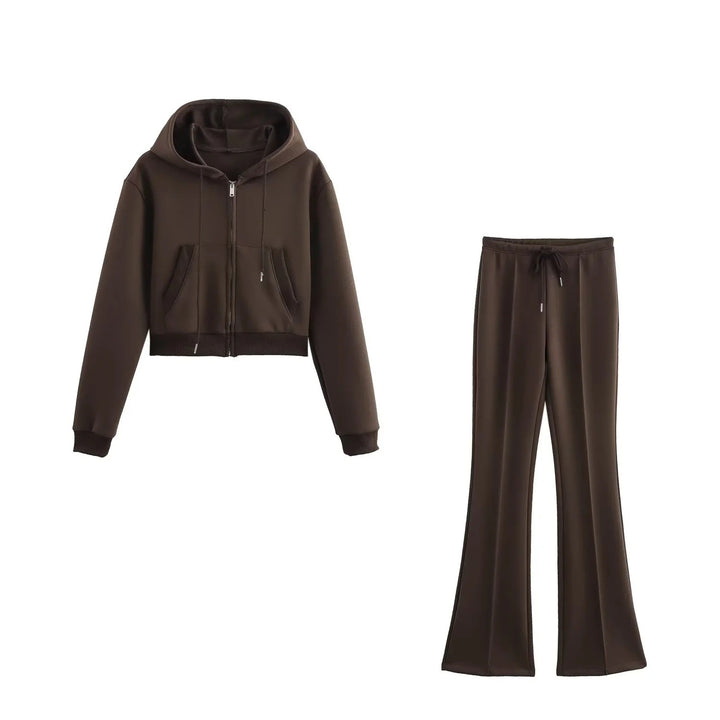 Damen 20+ zweiteiliges Joggingset mit Kapuzen‑Cropped‑Zipjacke und ausgestellter High‑Waist‑Palazzohose Drune