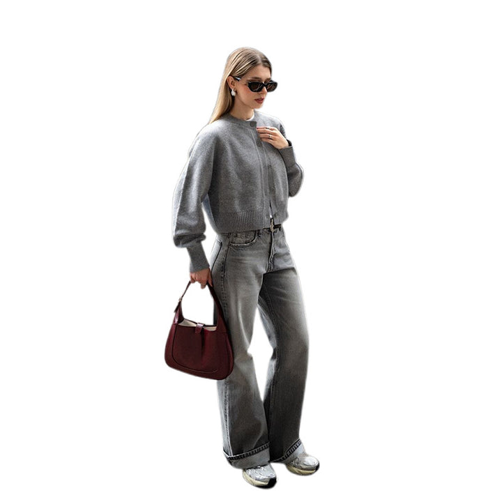 Damen Modischer Kurzarm-Pullover mit Ballonärmeln Drune