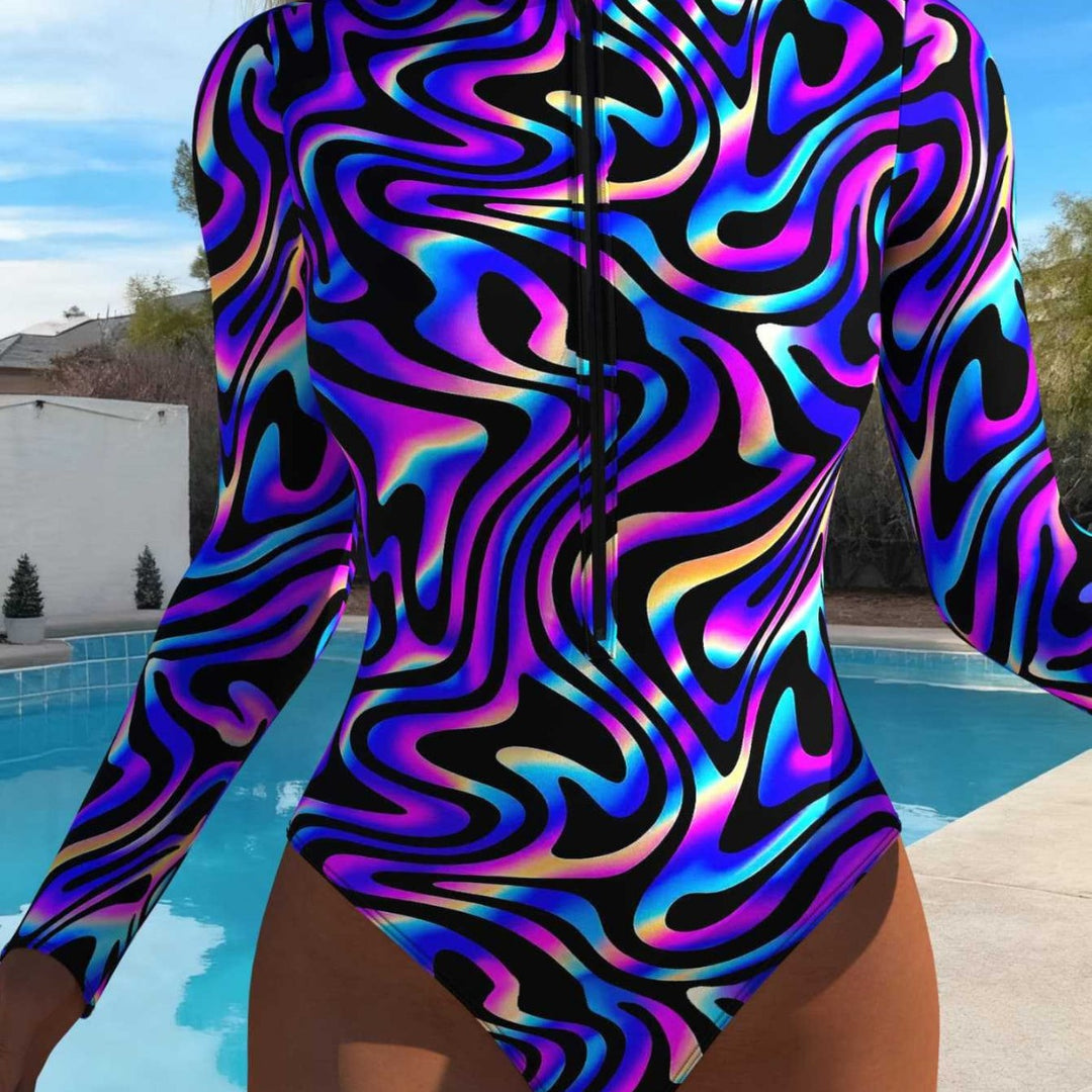 Damen eleganter Langarm-Schwimmanzug mit aufregendem Wellenmuster und hohem Kragen Drune