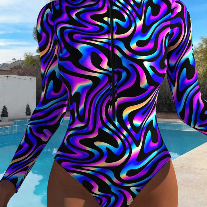 Damen eleganter Langarm-Schwimmanzug mit aufregendem Wellenmuster und hohem Kragen Drune