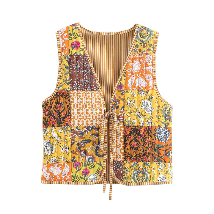 Damen Patchwork-Weste mit Bindeband und V-Ausschnitt Drune