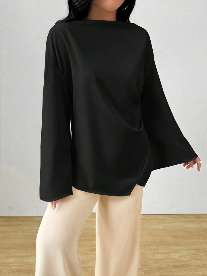 Damen nan oversized Satin-Tunika mit U-Boot-Ausschnitt und weiten Trompetenärmeln Drune