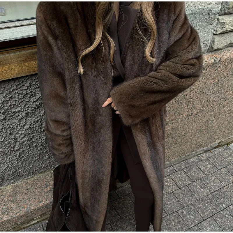 Damen Luxuriöser Kunstfellmantel mit weitem Schnitt und eleganten Details Drune