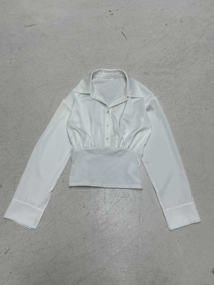 Damen nan taillierte Cropped-Bluse mit Hemdkragen und breitem Stretchbund Drune