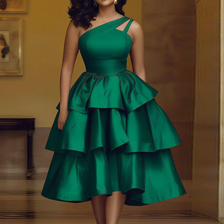 Damen Maxikleid mit asymmetrischem Träger und voluminösen Rüschen Drune