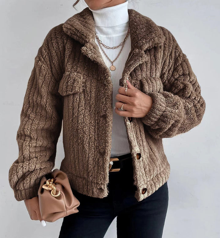 Damen nan kuschelige Teddyjacke mit Hemdkragen, Druckknopfverschluss und aufgesetzten Brusttaschen Drune