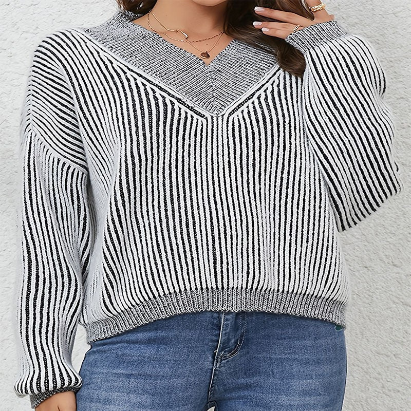 Damen Oversize-Strickpullover mit V-Ausschnitt und grafischem Streifenmuster Drune