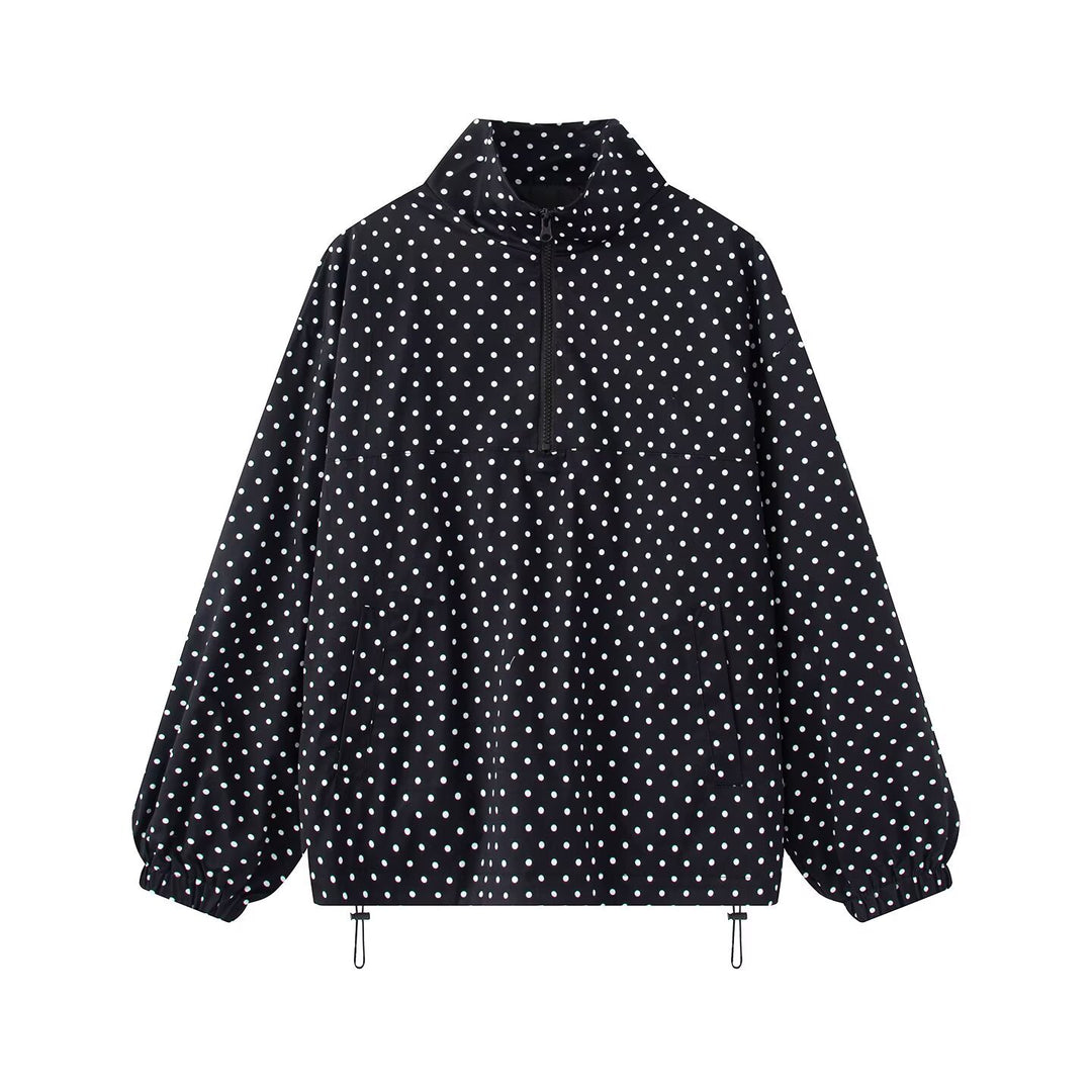 Damen Gepunkteter leichter Anorak mit Halbzip, Kängurutasche und Kordelzug Drune