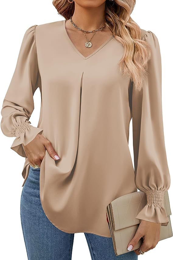Damen elegante Bluse mit V-Ausschnitt und voluminösen Ärmeln Drune