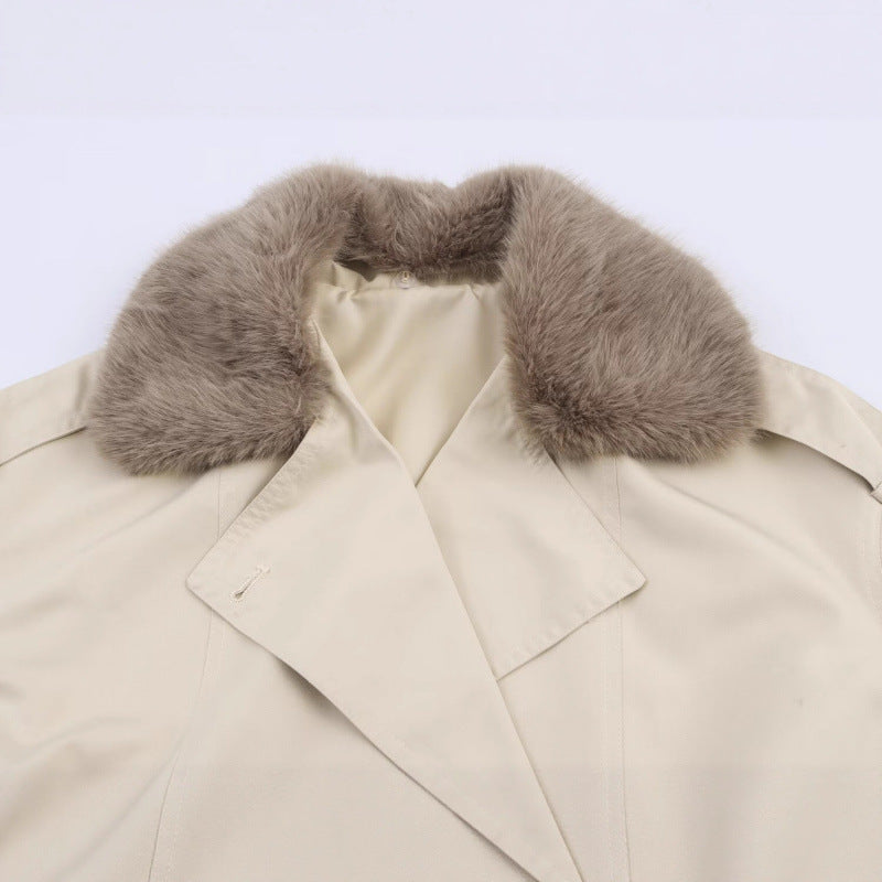 Damen modische Jacke mit kunstvollem Fellkragen und doppelter Knopfblende Drune