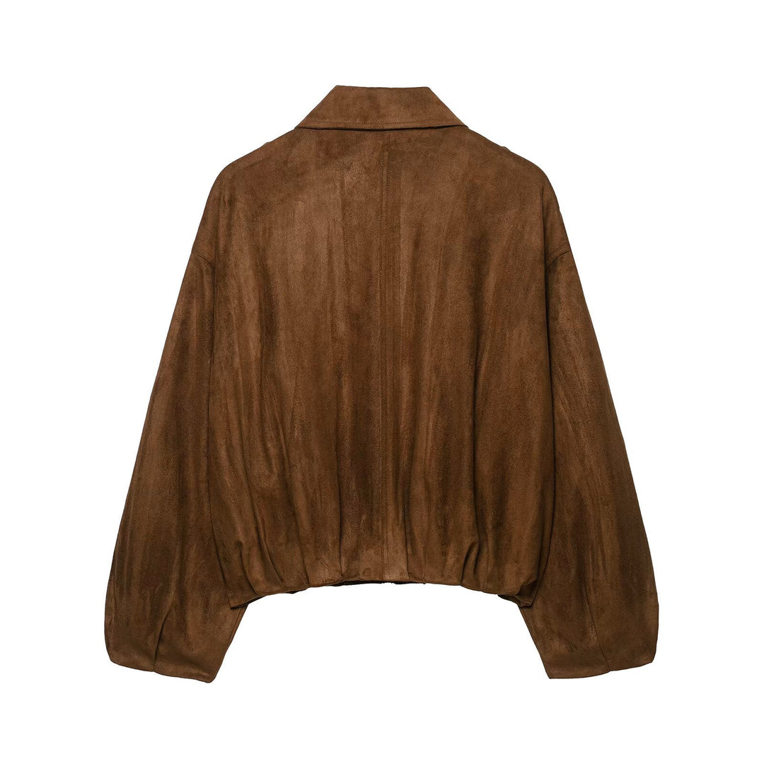 Damen Kurz geschnittene Wildleder-Bikerjacke mit Schulterklappen Drune