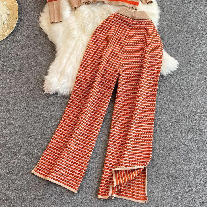 Damen stylisches Strick-Loungewear-Set mit tiefem V-Ausschnitt und weit geschnittenen Hosen Drune