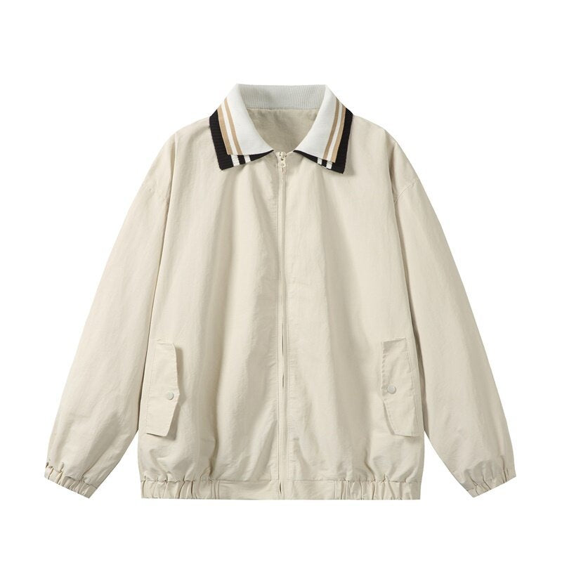 Herren Leichte Harrington‑Style Bomberjacke mit gestreiftem Rippkragen und Druckknopf‑Taschen Drune