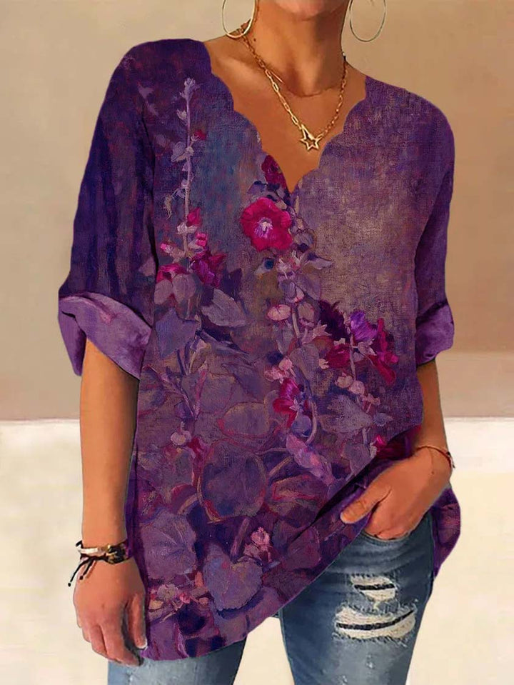 Damen Lockere Bluse mit Welligem V-Ausschnitt und Aquarell Floral Print Drune