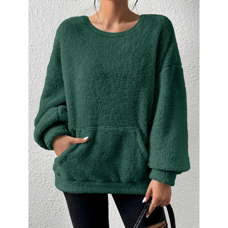 Damen Kuscheliger Oversize-Sherpa-Pullover mit Kängurutasche und Ballonärmeln Drune
