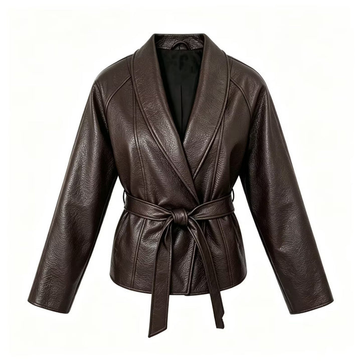 Damen Taillierte Kunstlederjacke mit Schalkragen und Bindegürtel Drune