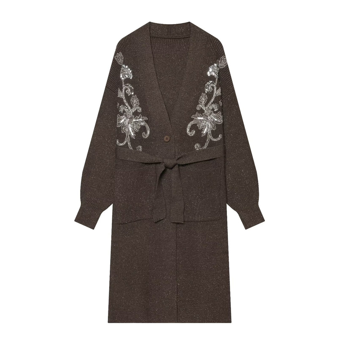 Damen Langer Strickcardigan mit Taillengürtel und Pailletten‑Stickerei Drune
