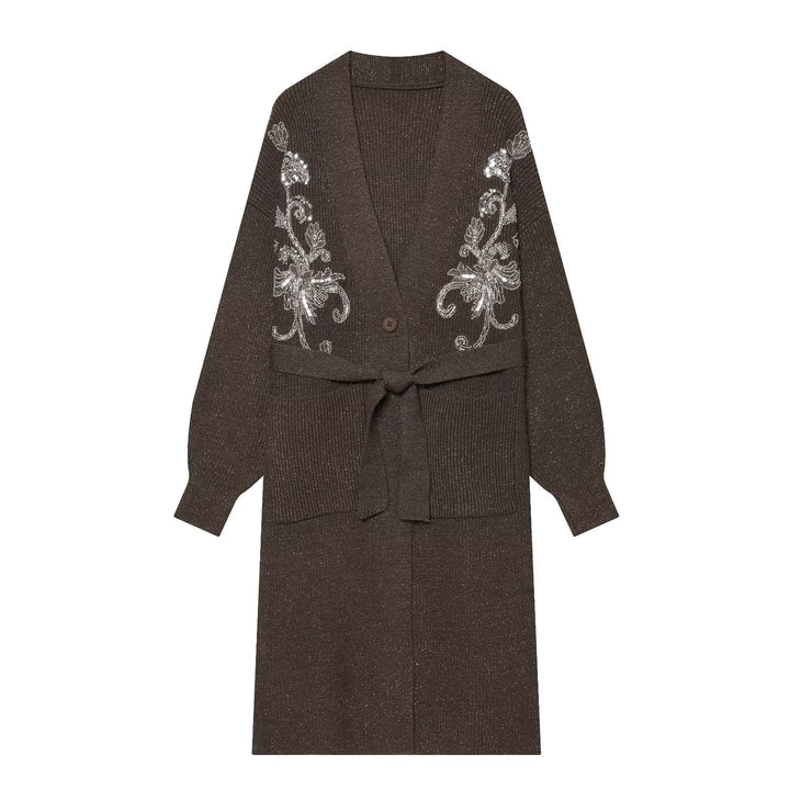 Damen Langer Strickcardigan mit Taillengürtel und Pailletten‑Stickerei Drune