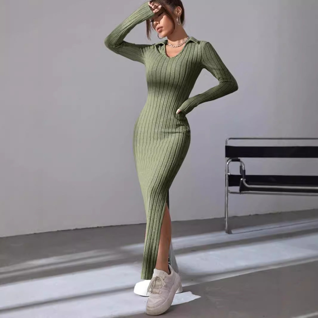 Damen Langärmliges Rippkleid mit Slit und Kragen Drune