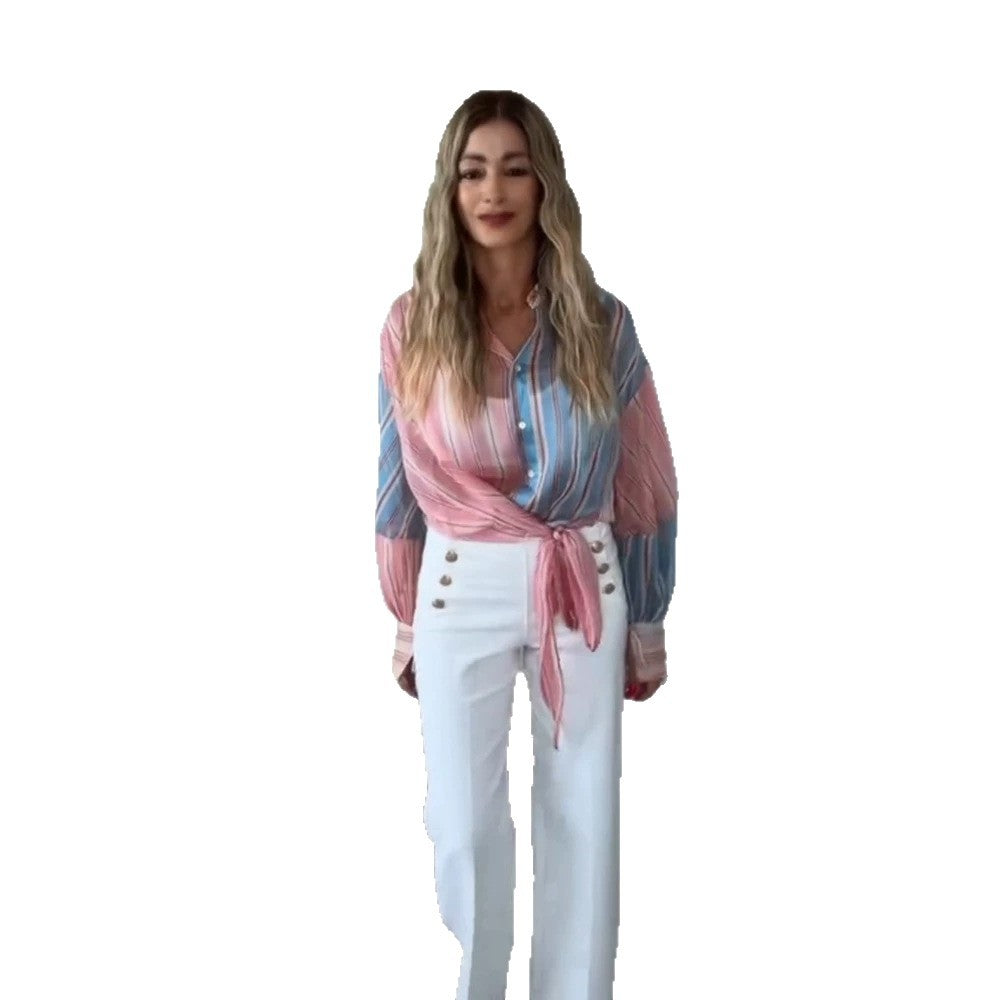 Damen Leichte gestreifte Hemdbluse mit Knotenfront, Oversize-Schnitt & Ballonärmeln Drune