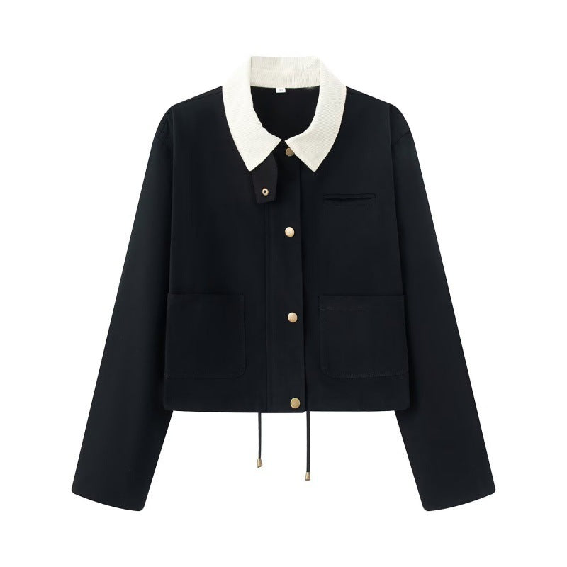 Damen Cropped Workwear‑Jacke mit Cordkragen, Druckknöpfen und Tunnelzug Drune