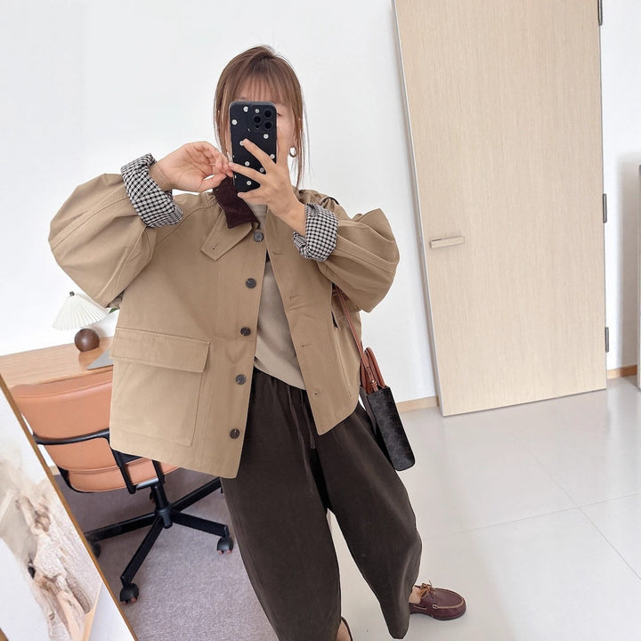 Damen Kurzjacke im Worker-Stil mit Cordkragen und aufgesetzten Pattentaschen Drune