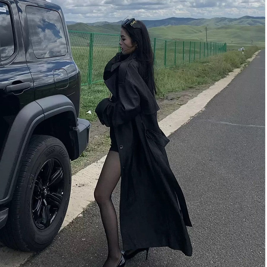 Damen Eleganter Baumwoll-Mix Trenchcoat mit asymmetrischer Schulterklappe und Bindegürtel Drune