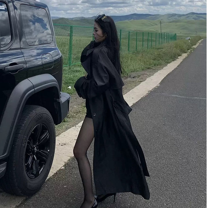 Damen Eleganter Baumwoll-Mix Trenchcoat mit asymmetrischer Schulterklappe und Bindegürtel Drune