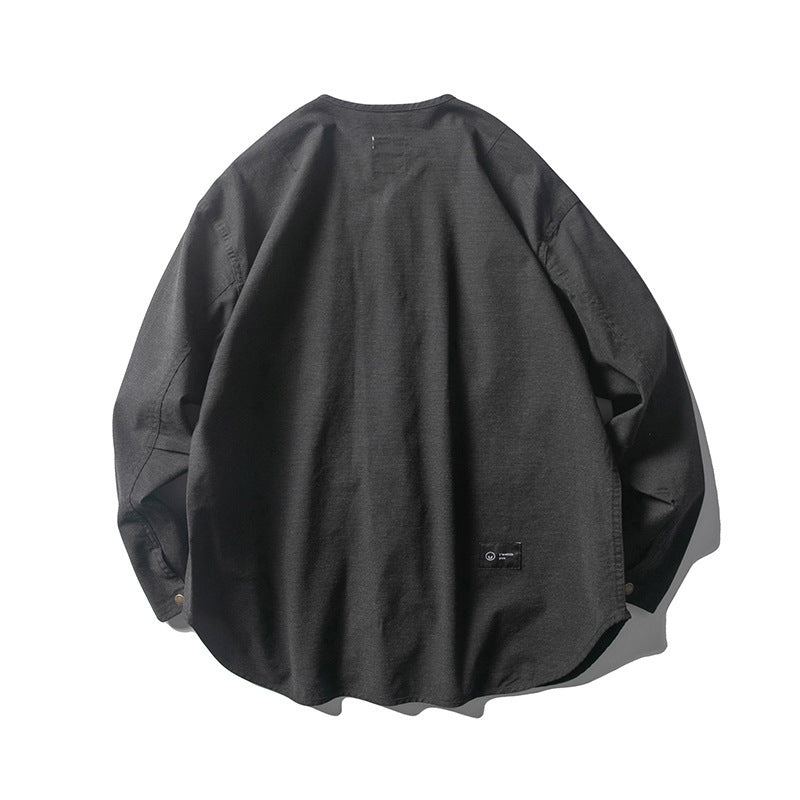 Unisex Kragenlose Overshirt-Jacke mit Druckknopfblende und aufgesetzten Brusttaschen Drune