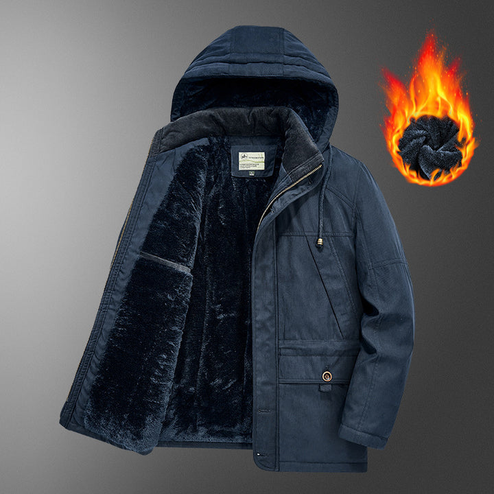Herren gefütterter Kapuzenparka mit Thermo-Teddyfutter, winddichter Baumwollmix-Außenschale und Mehrfachtaschen Drune