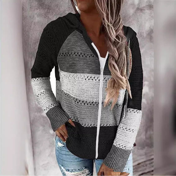Damen Lässige Strickjacke mit Reißverschluss und Kapuze Drune
